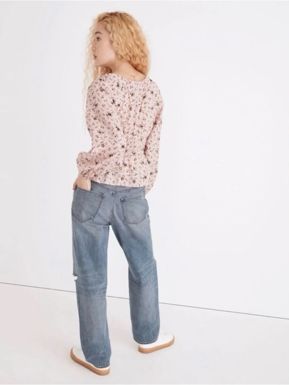 MADEWELL Sophia Floral Smocked Peplum Blouse Pink Long Sleeve Top Size XXS
